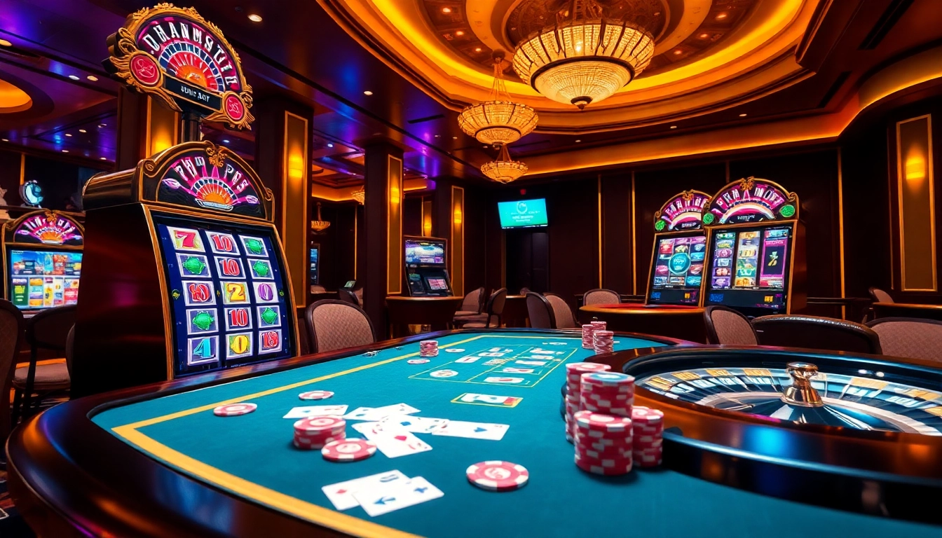 Players enjoying the exciting idn slot experience at a luxurious casino with vibrant colors and engaging games.