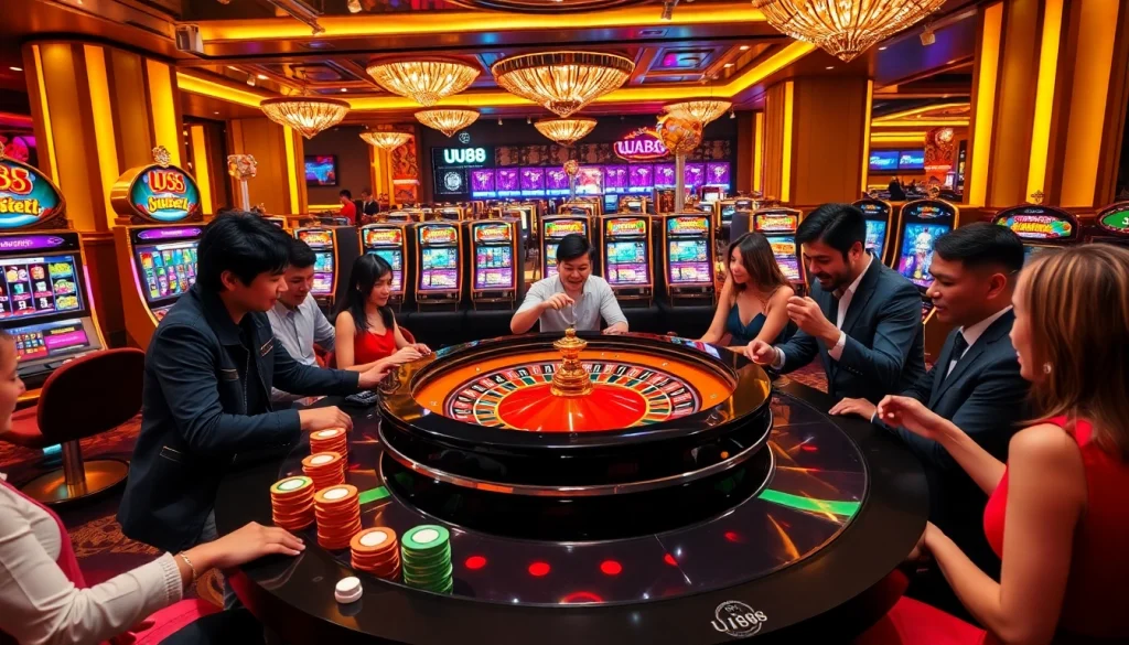 Players enjoying an intense game of roulette at UU88's vibrant casino, filled with colorful chips and excitement.