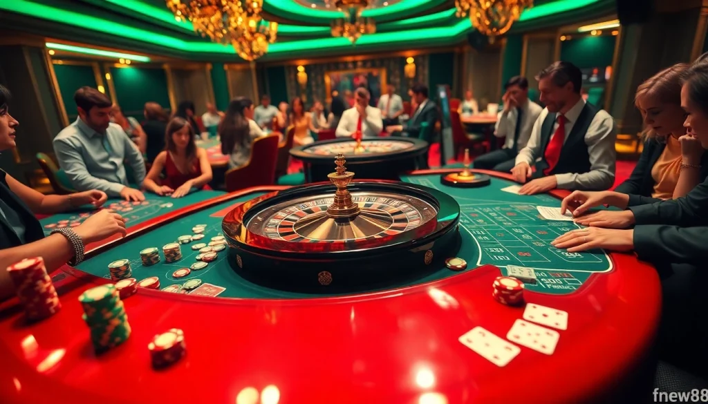 Exciting casino gameplay at https://fnew88.com/ with roulette, poker chips, and vibrant players enjoying their bets.