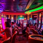 Excited players engaging with a slot demo machine in a vibrant casino setting, showcasing thrilling gameplay.