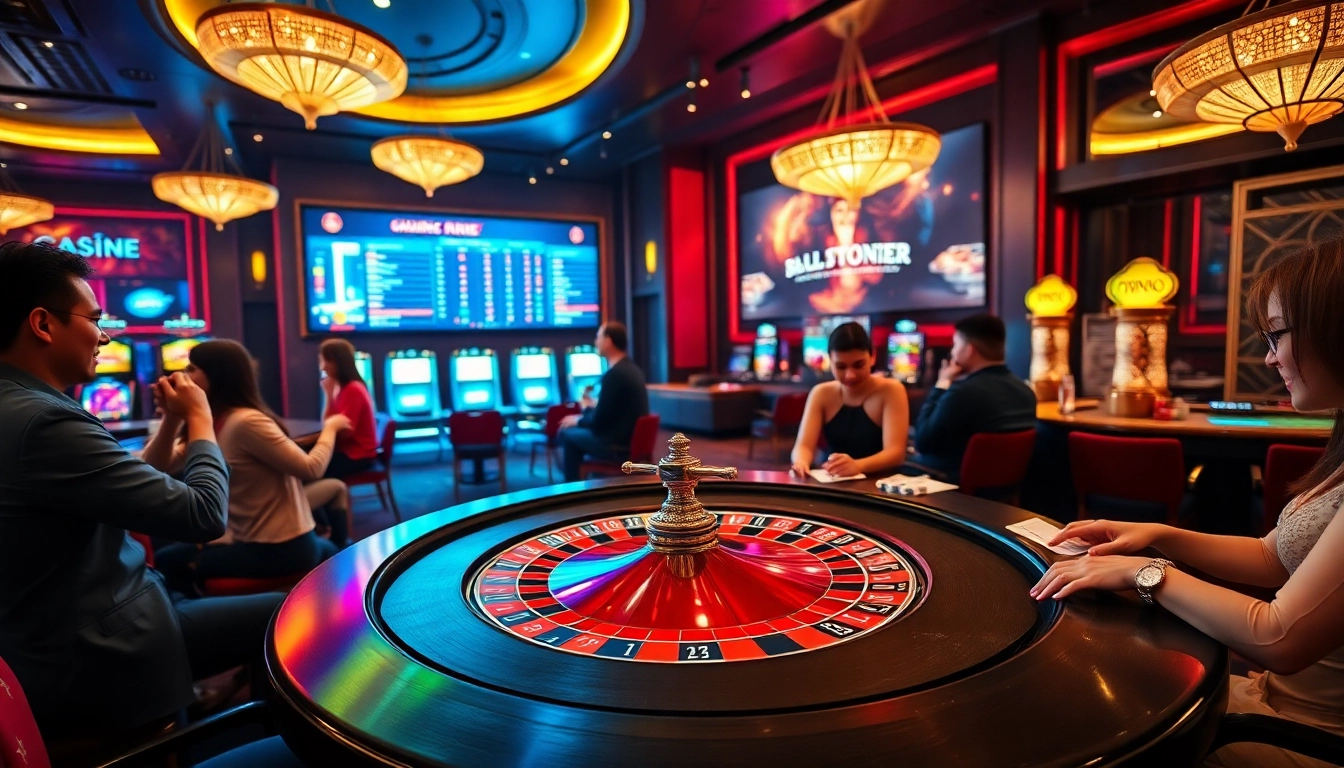 Experience excitement at https://onew88.com/ with players enjoying poker and roulette in a lavish casino.