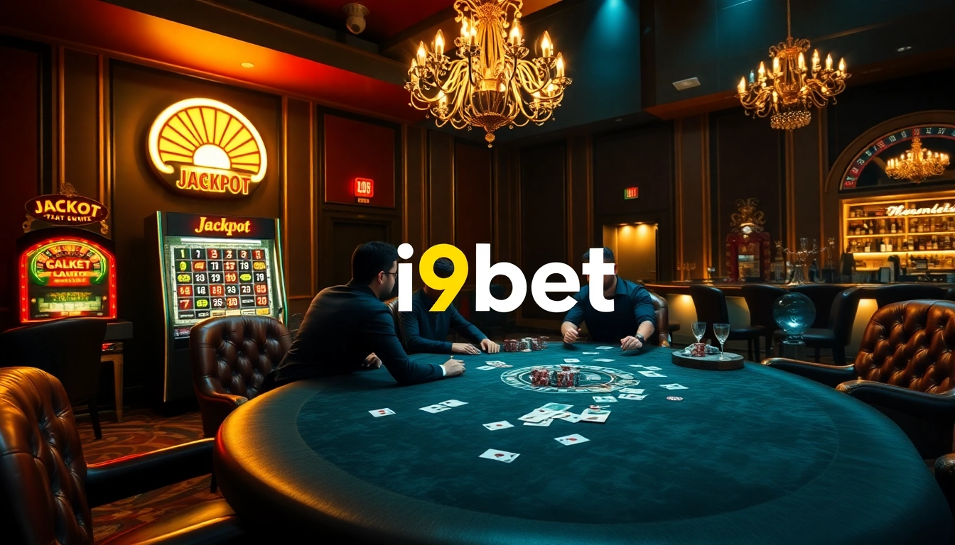 Play poker at an i9bet table surrounded by vibrant slot machines and luxurious casino decor.