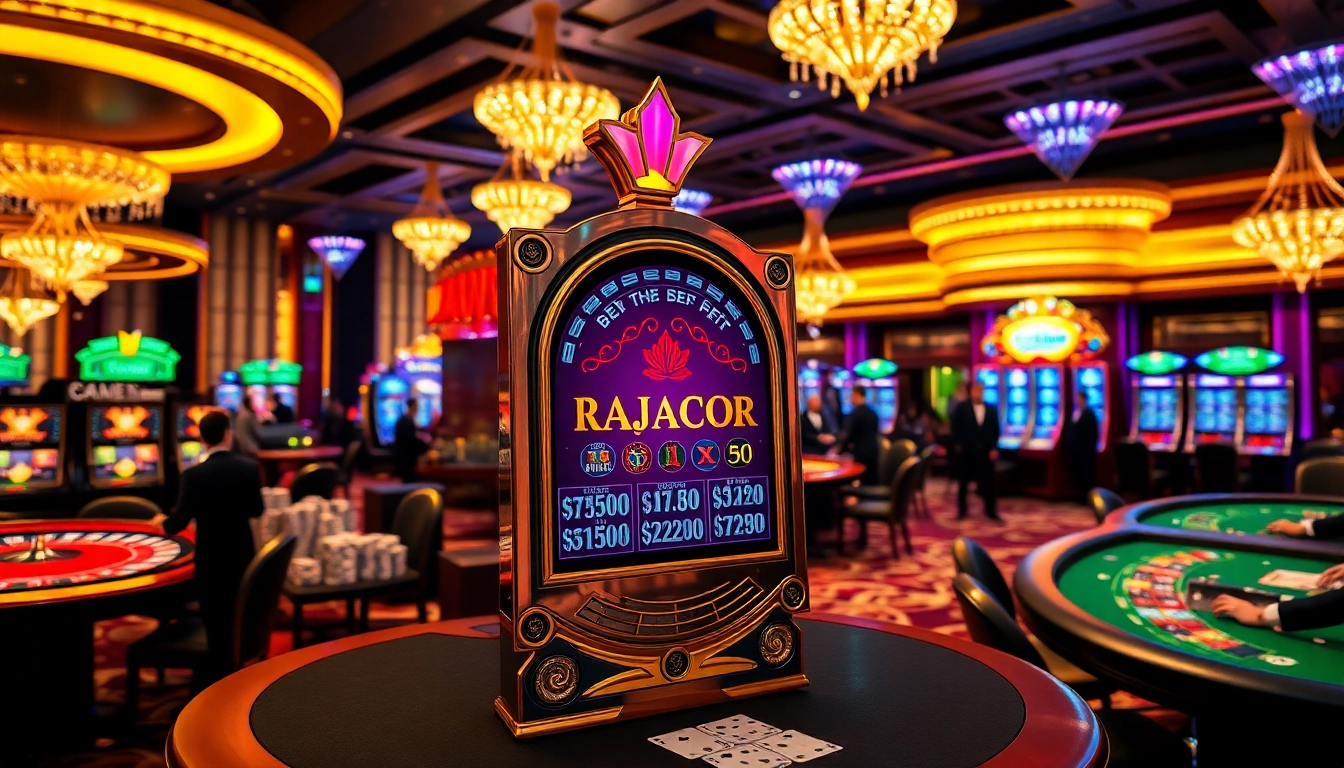 RAJAGACOR slot machine in a luxurious casino with vibrant lights and high-stakes gaming elements.