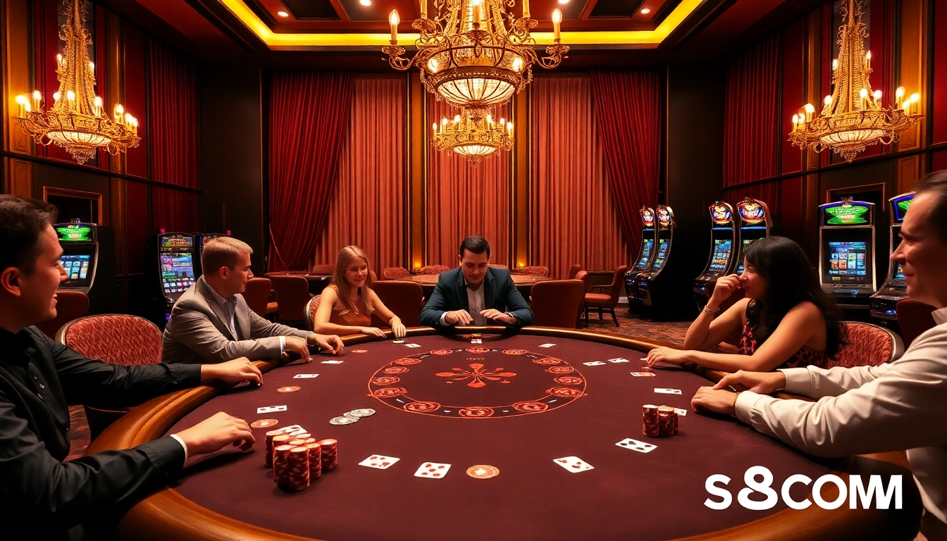 Players enjoying a thrilling poker game at S8COM's luxurious casino tables.