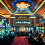 Nohudoithuong scene capturing thrilling gameplay at a luxurious casino with vibrant slot machines and poker tables.