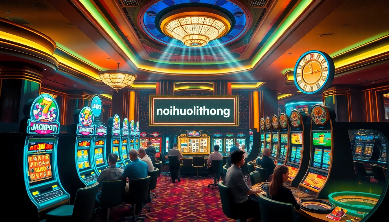 Nohudoithuong scene capturing thrilling gameplay at a luxurious casino with vibrant slot machines and poker tables.