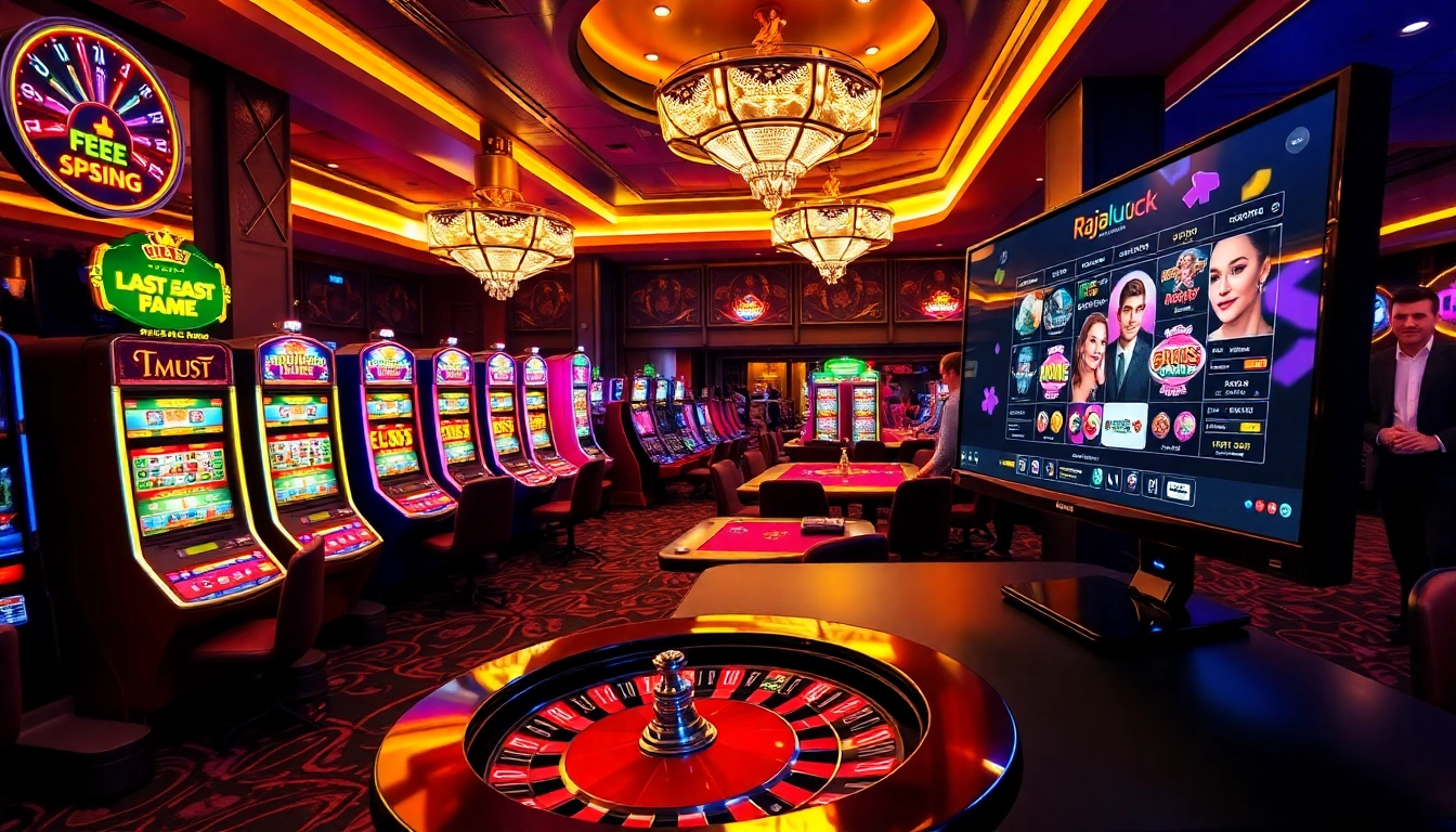 Players enjoying high-stakes gaming at rajaluck's vibrant casino tables and slot machines.