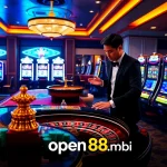 An enticing casino experience featuring open88.mobi's vibrant gaming atmosphere, showcasing poker tables and a roulette wheel.