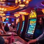 Gamblers enjoying a thrilling moment at an idnslot machine in a vibrant casino atmosphere.
