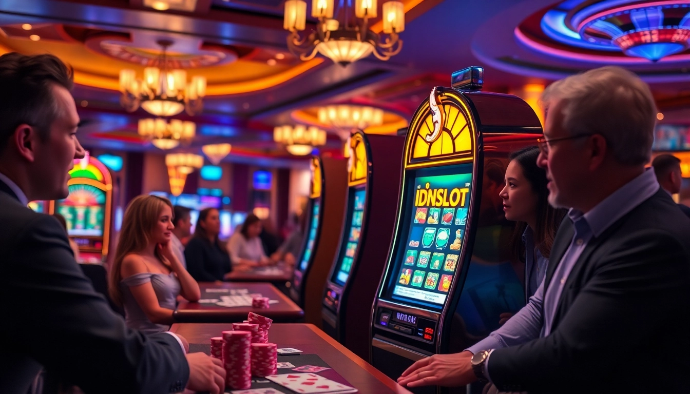 Gamblers enjoying a thrilling moment at an idnslot machine in a vibrant casino atmosphere.