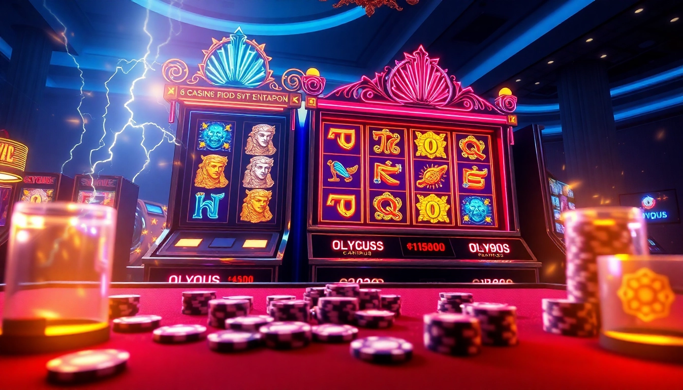 Spin the slot olympus machine, featuring rich Greek mythology symbols and vibrant casino lights.
