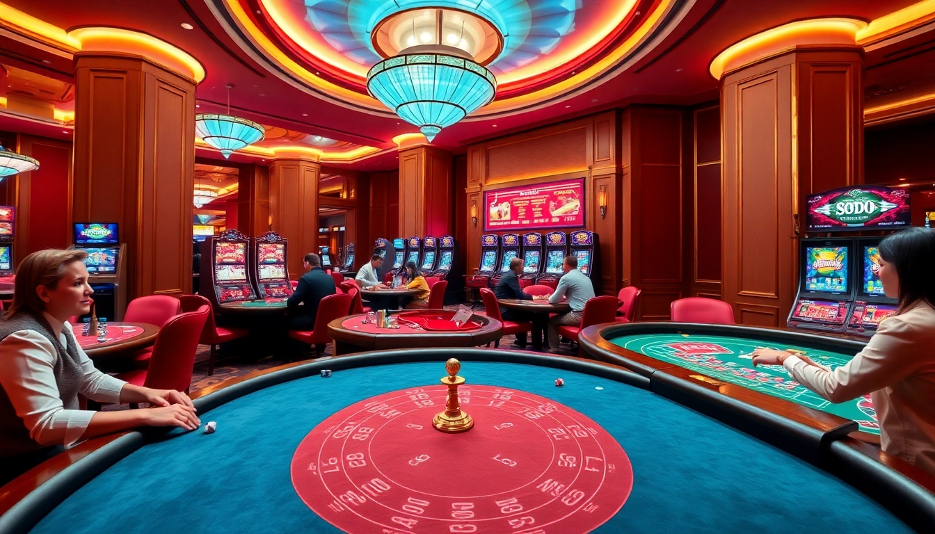 SODO Casino vibrant gaming atmosphere with engaged players at poker and roulette tables.