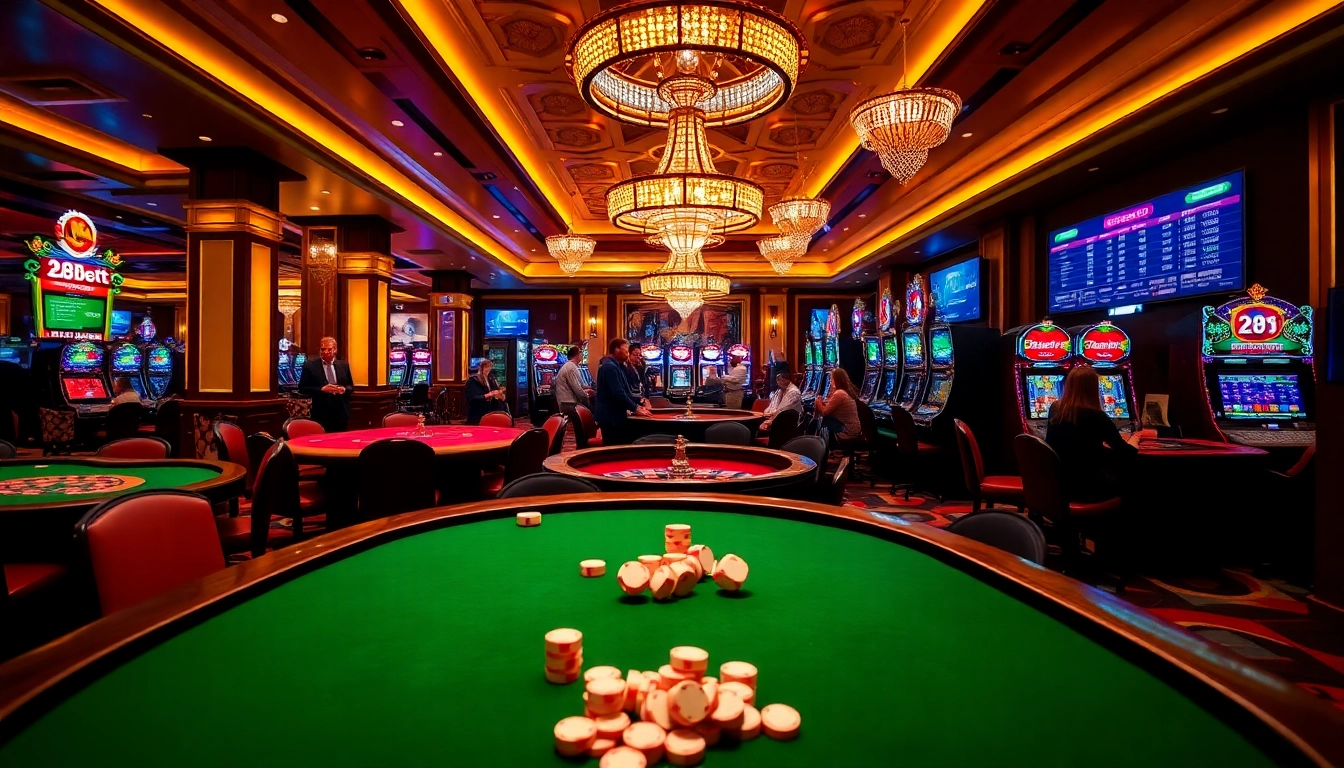 Excited players enjoying gaming tables at 28bets casino, engaging in vibrant gambling activities.