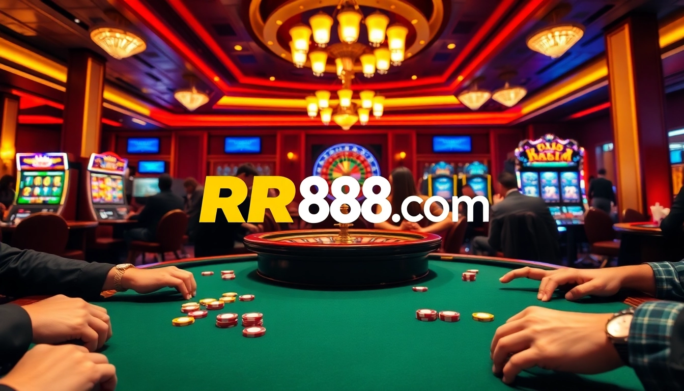 Players enjoy a thrilling poker game at RR88 com casino with vibrant atmosphere and excitement.
