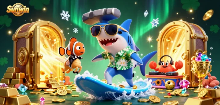 Sunwin casino shines with a shark and stylish characters amidst gold coins and gems.