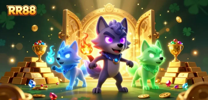 Experience the excitement of RR88 with glowing wolves and treasures bursting in this 3D illustration.