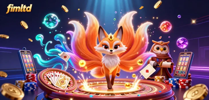 Spin to win at fimltd with vibrant 3D casino characters amidst glowing riches and gaming elements.