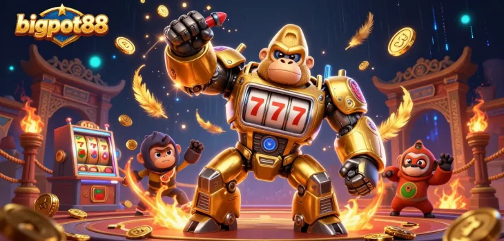 Experience excitement with bigpot88's dynamic scene featuring a golden gorilla mech and slot symbols.